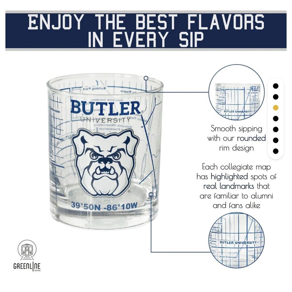 Greenline Glassware Butler University Whiskey Glass Set (2) Low Ball Glasses NIB - Picture 8 of 9